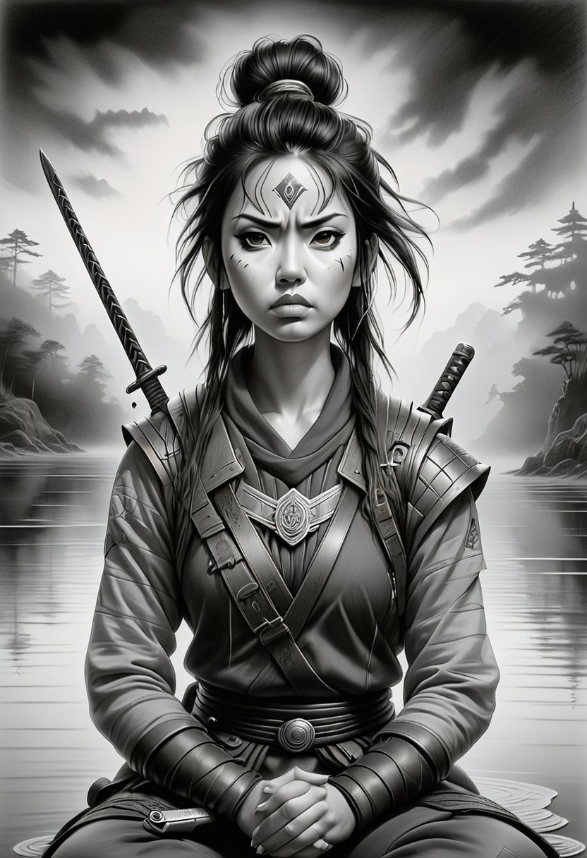 Jed-Pen,
A lone warrior meditating on a foggy lake, her sword resting on the surface, as waves ripple with unseen energy
hyper-detailed black-and-white ink illustration, high-contrast ballpoint pen realism, cyberpunk and punk aesthetics, traditional Japanese elements, sharp cross-hatching, dark humor and satire, intense facial expressions, edgy fashion, minimal red accents, beauty and brutality contrast