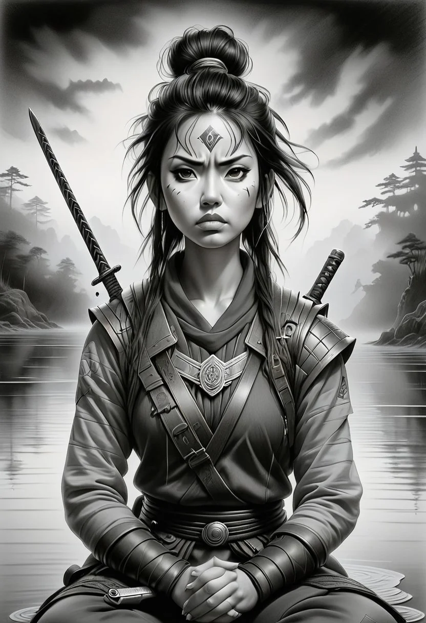 Jed-Pen,
A lone warrior meditating on a foggy lake, her sword resting on the surface, as waves ripple with unseen energy
hyper-detailed black-and-white ink illustration, high-contrast ballpoint pen realism, cyberpunk and punk aesthetics, traditional Japanese elements, sharp cross-hatching, dark humor and satire, intense facial expressions, edgy fashion, minimal red accents, beauty and brutality contrast