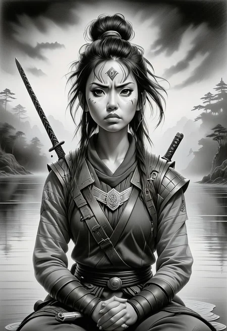 Jed-Pen,
A lone warrior meditating on a foggy lake, her sword resting on the surface, as waves ripple with unseen energy
hyper-detailed black-and-white ink illustration, high-contrast ballpoint pen realism, cyberpunk and punk aesthetics, traditional Japanese elements, sharp cross-hatching, dark humor and satire, intense facial expressions, edgy fashion, minimal red accents, beauty and brutality contrast