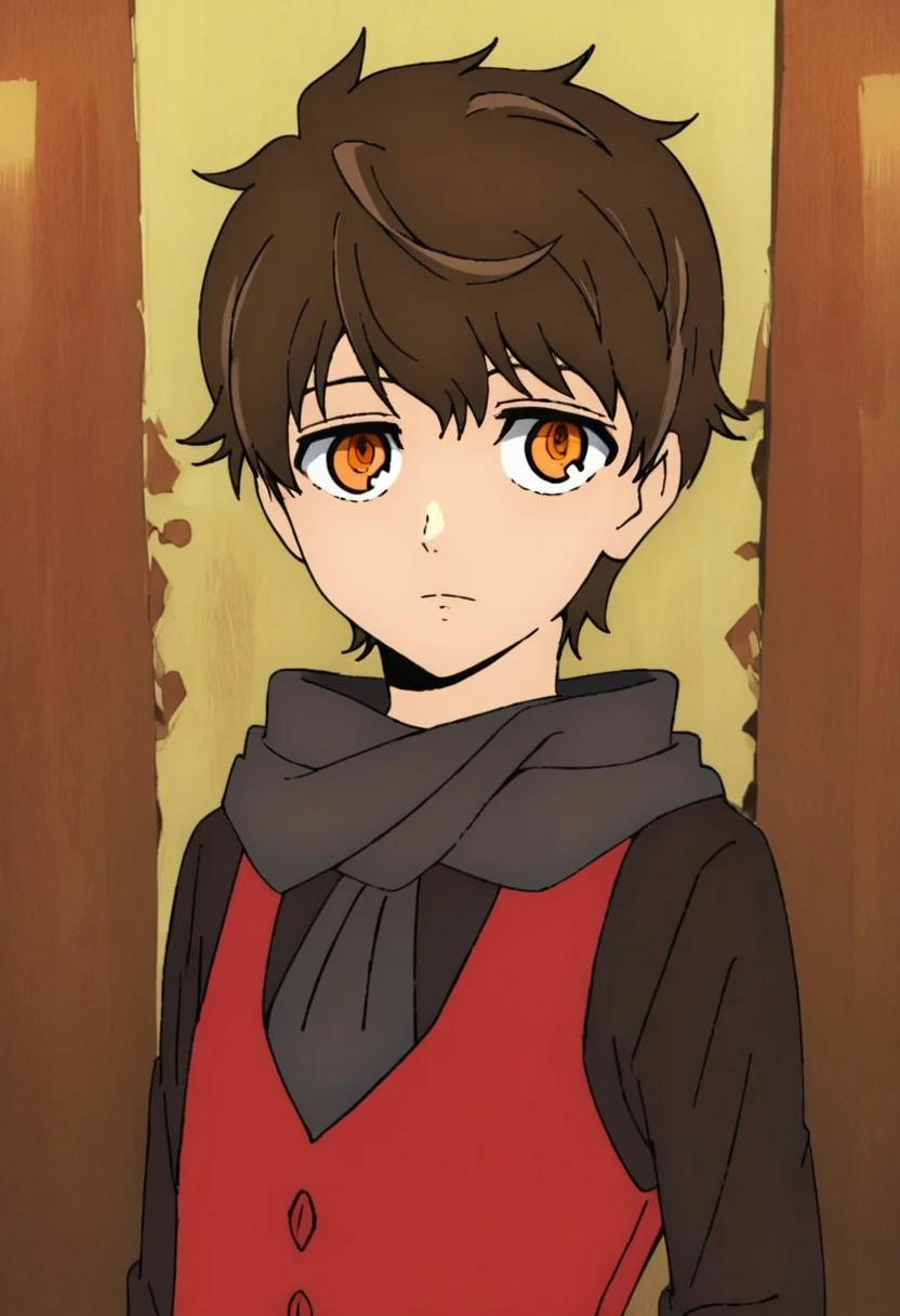 1boy, solo, twenty-fifth_bam, brown hair, orange eyes, short hair, scarf
