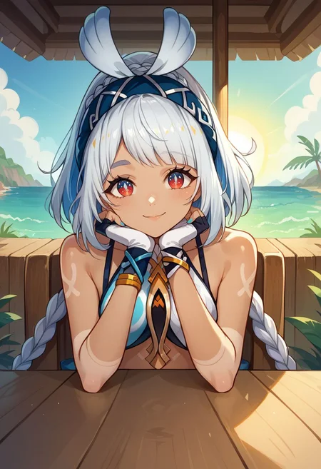 score_9, score_8_up, score_7_up, source_anime, 1girl, mualanidef, red eyes, dark-skinned female, white hair, multicolored hair, long hair, braid, twin braids, ponytail, hairband, bare shoulders, crop top, jewelry, bikini, midriff, bodypaint, navel, white gloves, fingerless gloves, nail polish, blue nails, skirt, bike shorts, short shorts, bike shorts under skirt, sitting, chair, table, head rest, elbow rest, smile, closed mouth, looking at viewer, outdoors, sun, palm tree, sea in the background, portrait, close-up, upper body, facing viewer, <lora:Mualani_v1-000010:1>
