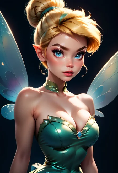score_9, score_8_up, score_7_up, score_6_up, score_5_up, score_4_up score_9,score_8_up, digital art, upper body shot, realistic 3D illustration,
BREAK,
TinkerWaifu, fairy wings, blue eyes, green dress, hair bun,
BREAK,
subsurface scattering, soft lighting, contemplative expression, dark background, subtle makeup, high-resolution, detailed texture, emotional depth, dramatic mood, side profile, serene atmosphere, cinematic lighting. perfectly round breasts, big breasts, firm breasts, SkinHairDetail, eye contact