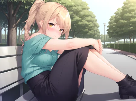 <lora:Shitou_Sae_-_Memory_Blue:0.8>,1girl,sae,casual clothes,outdoors,black skirt,aqua sweater,short sleeves,(pink bra:0.5),blush,hugging_own_legs,park, pout,, masterpiece,best quality,amazing quality,