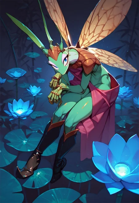 score_9, score_8_up, score_7_up, score_6_up, dark faerie, flying at night, beautiful face, heavy black boots, highly detailed, blue lotus blossom, bamboo, insect wings, twisting brambles, monster boy, perfect eyes looking at viewer, cyan and magenta, colored skin,
