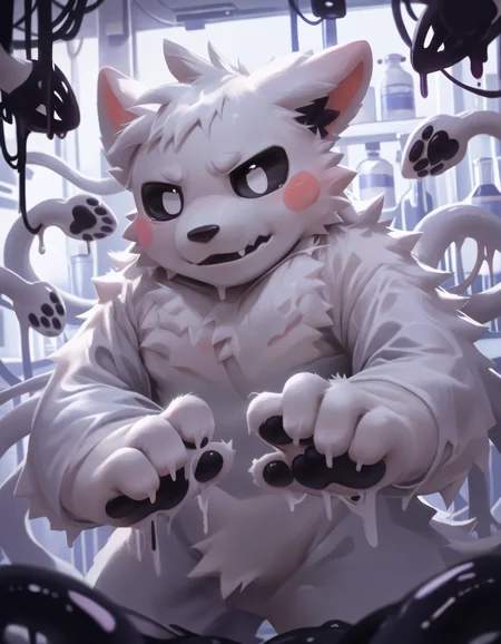 score_9, score_8_up, score_7_up, BREAK rating_safe, detailed, solo, <lora:add-detail-xl:1>, <lora:squid_dog_v1.safetensors:1.0>, anthro, furry, squid dog, changed, black sclera, white body, black pawpads, tentacles, white pupil, adult, laboratory background (close-up, blush stickers:1.35)