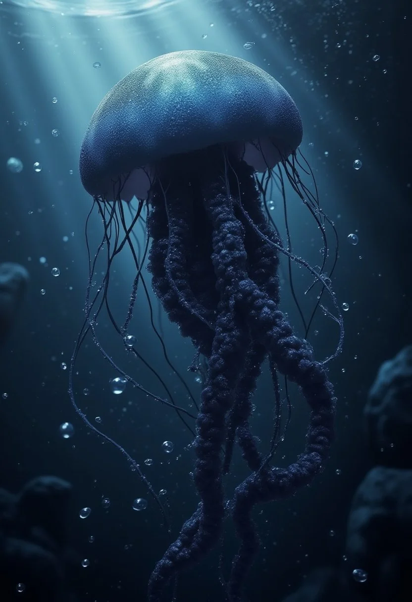 Cinematic style, realism, cinematic quality, rays of light, play of shadow and light, Beauty,
octane render, hdr, (hyperdetailed:1.15), (soft light, sharp:1.2), beautiful, realistic, 1 giant black jellyfish, bubbles, glowing, deep sea,