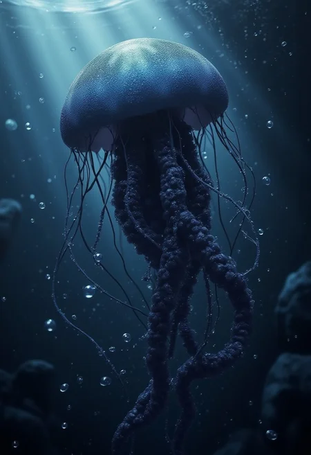 Cinematic style, realism, cinematic quality, rays of light, play of shadow and light, Beauty,
octane render, hdr, (hyperdetailed:1.15), (soft light, sharp:1.2), beautiful, realistic, 1 giant black jellyfish, bubbles, glowing, deep sea,