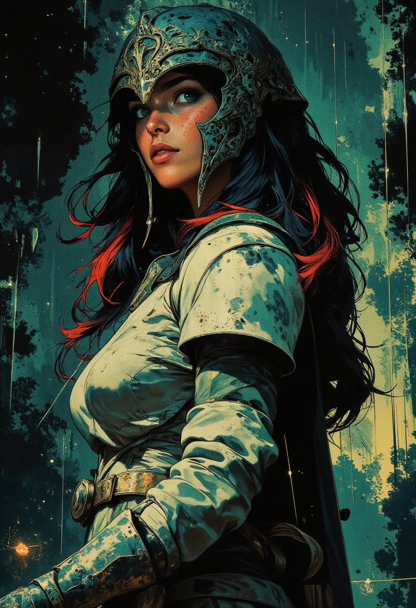 stunning female korean templar knight, long multicoloured hair (dark with blue and red highlights), helf-helm, bangs, dark eyeshadow, red lips, white and red plated armour, standing in a misty forest swamp, closeup profile image, High Detail, Perfect Composition, in shadow with shafts of light, high contrast, silhouetted, chiascuro
