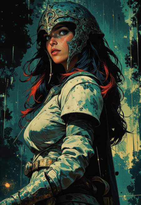 stunning female korean templar knight, long multicoloured hair (dark with blue and red highlights), helf-helm, bangs, dark eyeshadow, red lips, white and red plated armour, standing in a misty forest swamp, closeup profile image, High Detail, Perfect Composition, in shadow with shafts of light, high contrast, silhouetted, chiascuro