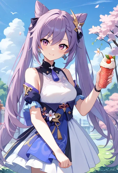 score_9, score_8_up, score_7_up, source_anime, best quality, masterpiece, 1girl, solo, smile. outdoors,
keqingcs, purple hair, cone hair bun, purple eyes, long hair, double bun, braid, twintails,