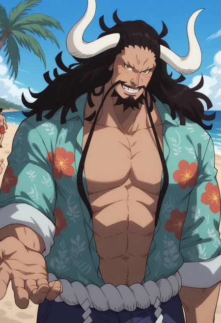 score_9, score_8_up, score_7_up, source_anime, rating_explicit, KaidoOP, black_Kaido_facial hair, (white_Kaido_horns), black_Kaido_hair, yellow eyes, 1boy, male focus, Hawaiian floral shirt, open clothes, large pectorals, beach trunks, size difference, giant, looking at another, reaching out, hands with five fingers, blurry outdoor beach, palm trees, ocean horizon, multiple boys, solo focus, happy-cheery, cute wallpaper,