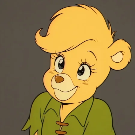 masterpiece, best quality, amazing quality, retro artstyle, 
sunni, female, furry female, anthro, young, solo, bear, yellow fur, short hair, black eyes, yellow muzzle, brown nose, eyelashes, paw pads, short, green shirt, smile, close up, portrait, grey background