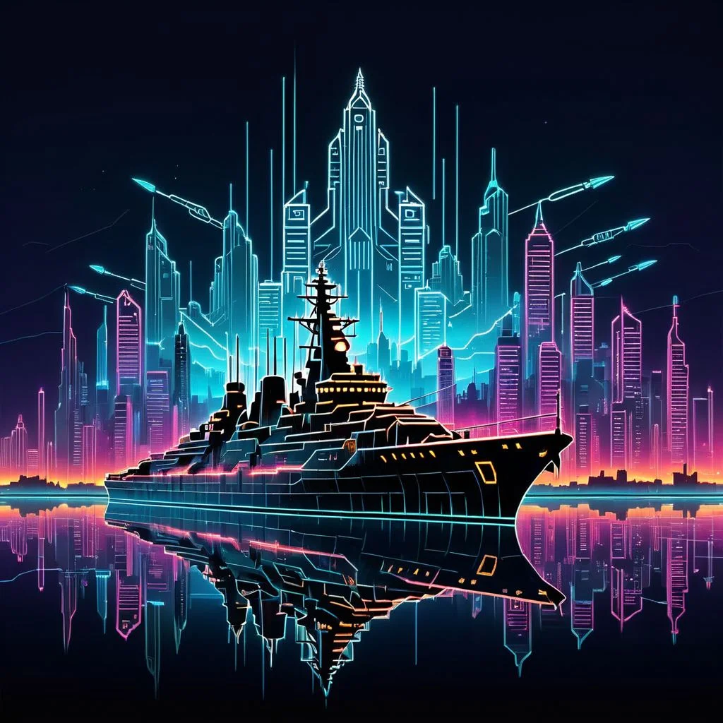 The outline of a battleship, through the outline the viewer can see a surreal post-apocalyptic digital neon city, sky glitched, double exposure,
