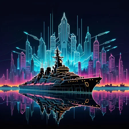 The outline of a battleship, through the outline the viewer can see a surreal post-apocalyptic digital neon city, sky glitched, double exposure,