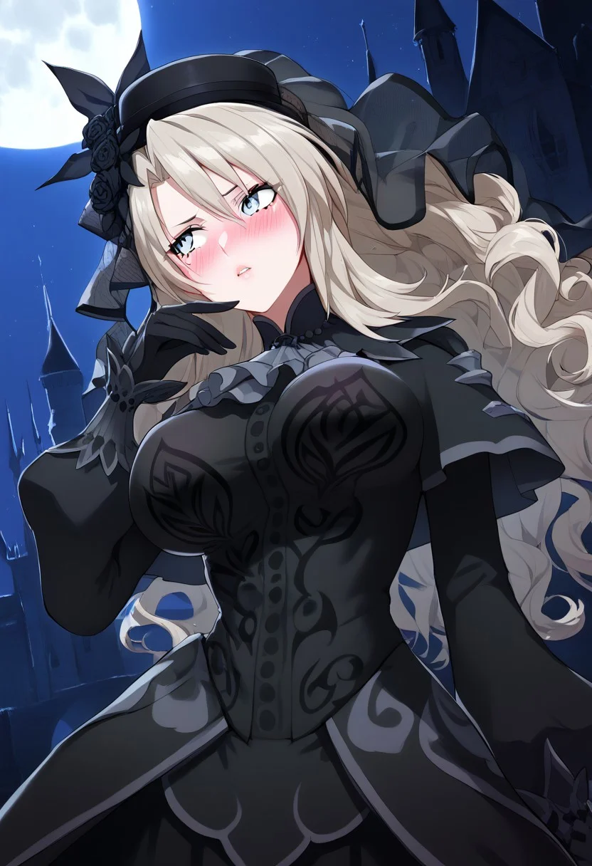 (score_9, score_8_up, score_7_up, high quality, best quality, ultra-detailed, very aesthetic, illustration, perfect composition, intricate details, absurdres, high res image, masterpiece, vibrant colors, beautiful face, detailed face, 1girl, solo focus, perfect eyes, detailed eyes, perfect hands), female, grey eyes, grey hair, long hair, curly hair, mole under eye, makeup, pale skin, full lips, large thighs, perfect body, fit body, voluptuous, large breasts, curvy body, narrow-waisted, wide hips, (ascot, black capelet, black dress, black flower, black gloves, black headwear, black rose, capelet, dress, flower, gloves, hat, long sleeves, rose, veil), (blush, looking away), (fantasy, outdoors, castle, night, night sky, moon)