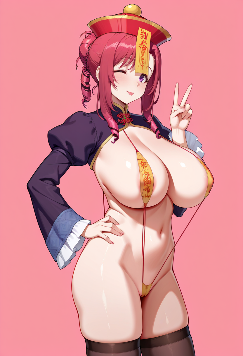masterpiece,best quality,absurdres, amazing quality, uncensored,
1girl, solo,
standing, hand on own hip, v,
looking at viewer, :p, one eye closed, 
<lora:Sexy_Jiang_Shi:0.8> s3xj1angsh1, ofuda, qingdai guanmao, slingshot swimsuit, shrug \(clothing\), thighhighs,  
simple background, pink background,  kazami mizuho, purple eyes, hair bun, red hair, sidelocks, drill hair, mature female, huge breasts, sidelocks,