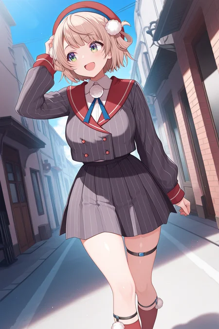 1girl,
ShigureUiVTuber1stCostume, 
safe, solo, perspective, dynamic angle, half body,
beret, side braid, hair rings, pom pom hair ornament,
shiny hair, \:D,
red sailor collar, neck ribbon, pom pom (clothes),
vertical stripes, striped jacket, large breasts,
puffy sleeves, collared shirt, 
striped skirt, legwear garter,
walking, hand on own head, looking away,
street, blue sky, wind,
<lora:kp_ShigureUiVTuber1stCostumeIllustrious_v1_0:1.0>,
masterpiece, best quality, amazing quality