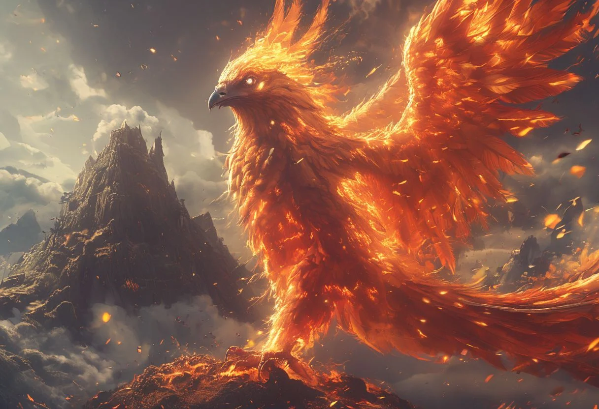 Score_9, score_8, score_7, FastNegativeV2, vermillion bird, bird blazing with fire, wings spread and flying towards the upper right corner of image, realistic, wide angle shot, volcanic mountain rage in the background