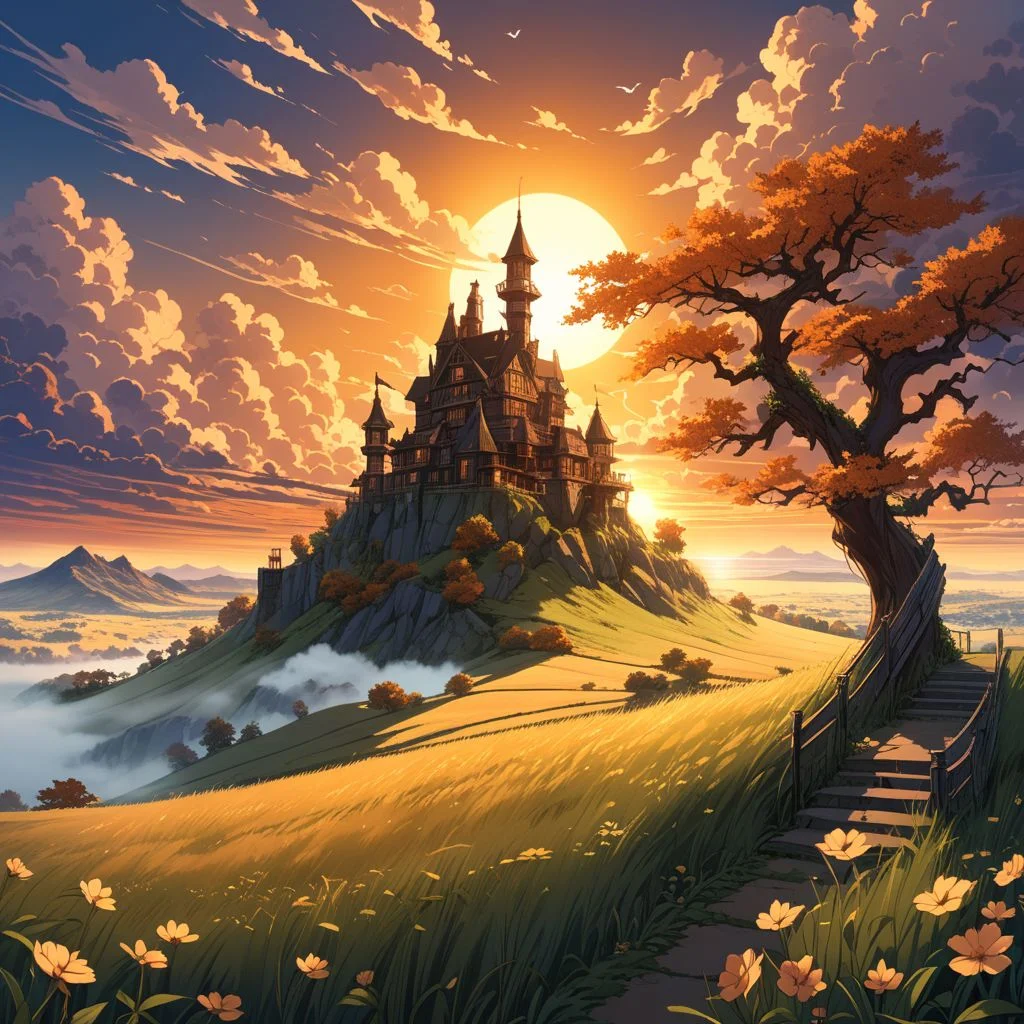 epic clouds, scenery, outdoors, grass, sunset, a floating castle, flowers, cloudy sky, a magical city, twilight, nature, wind, masterpiece, best quality, very aesthetic, magical white cherry tree, no people, source_anime, golden hour:0.4, fall colour scheme:0.2, leafs flying in the wind, birds in the air, wind blowing grass and trees in motion, foggy, moody image, interesting lighting, steampunk theme, setting sun visible, large sun, sun rays, beautiful sunset, a horse in the field