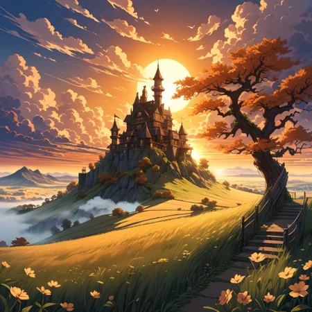 epic clouds, scenery, outdoors, grass, sunset, a floating castle, flowers, cloudy sky, a magical city, twilight, nature, wind, masterpiece, best quality, very aesthetic, magical white cherry tree, no people, source_anime, golden hour:0.4, fall colour scheme:0.2, leafs flying in the wind, birds in the air, wind blowing grass and trees in motion, foggy, moody image, interesting lighting, steampunk theme, setting sun visible, large sun, sun rays, beautiful sunset, a horse in the field