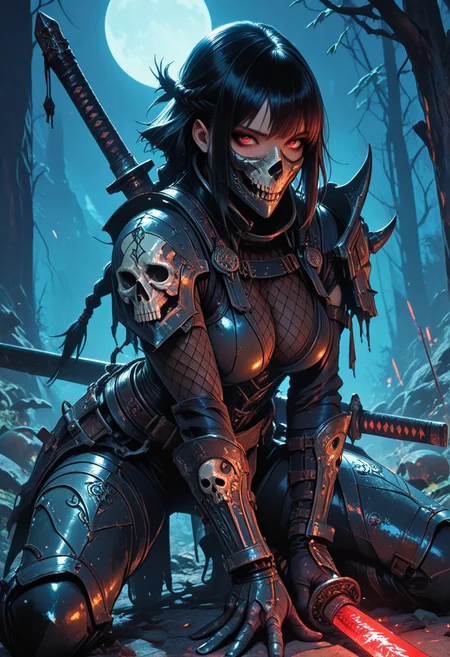 (masterpiece), (best quality), (8k), 1girl, cinematic lighting, dynamic action pose, highres, very detailed, amazing quality, masterpiece,
very aesthetic, intense,
particle effect,
1girl, samurai, solo, braided hair, layered samurai armor, engraved, bodysuit, tight clothing, fishnets, sleeveless, futuristic armor, runic symbols etched in armor, armored legs, full mask, halfmask, katana, red eyes, skulls, 
assassin theme, japan theme,
looking at viewer, tough pose, holding spear,
mountains, 
at night, night, close up, closeup,