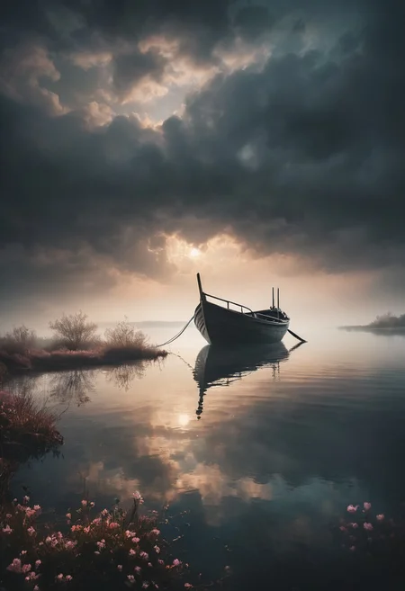 highly detailed and hyper realistic photo, by Alena Aenami , by Archibald Thorburn , by Daniele Afferni , detailed background,( Calm spring night landscape), amongst lush greenery, beautiful view, creeping phlox in full bloom, creeping phlox, early morning, sunrise sky, beautiful clouds, dappled sunlight, outdoor seating, one lamp, Tranquil Lake, Boat on a Lake, depth of field, masterpiece, best quality, ultra-detailed, very aesthetic, illustration, perfect composition, intricate details, absurdres, moody lighting, wisps of light, no humans, in the style of  monochromatic silhouette reflection,  limited dark palette, unusual dark colors, faded colors, atmospheric haze, highly dramatic cinematic lighting, motion blur, film grain,  professional, excellent composition, finest details, maximized details, ultimate detail level, masterpiece, best quality