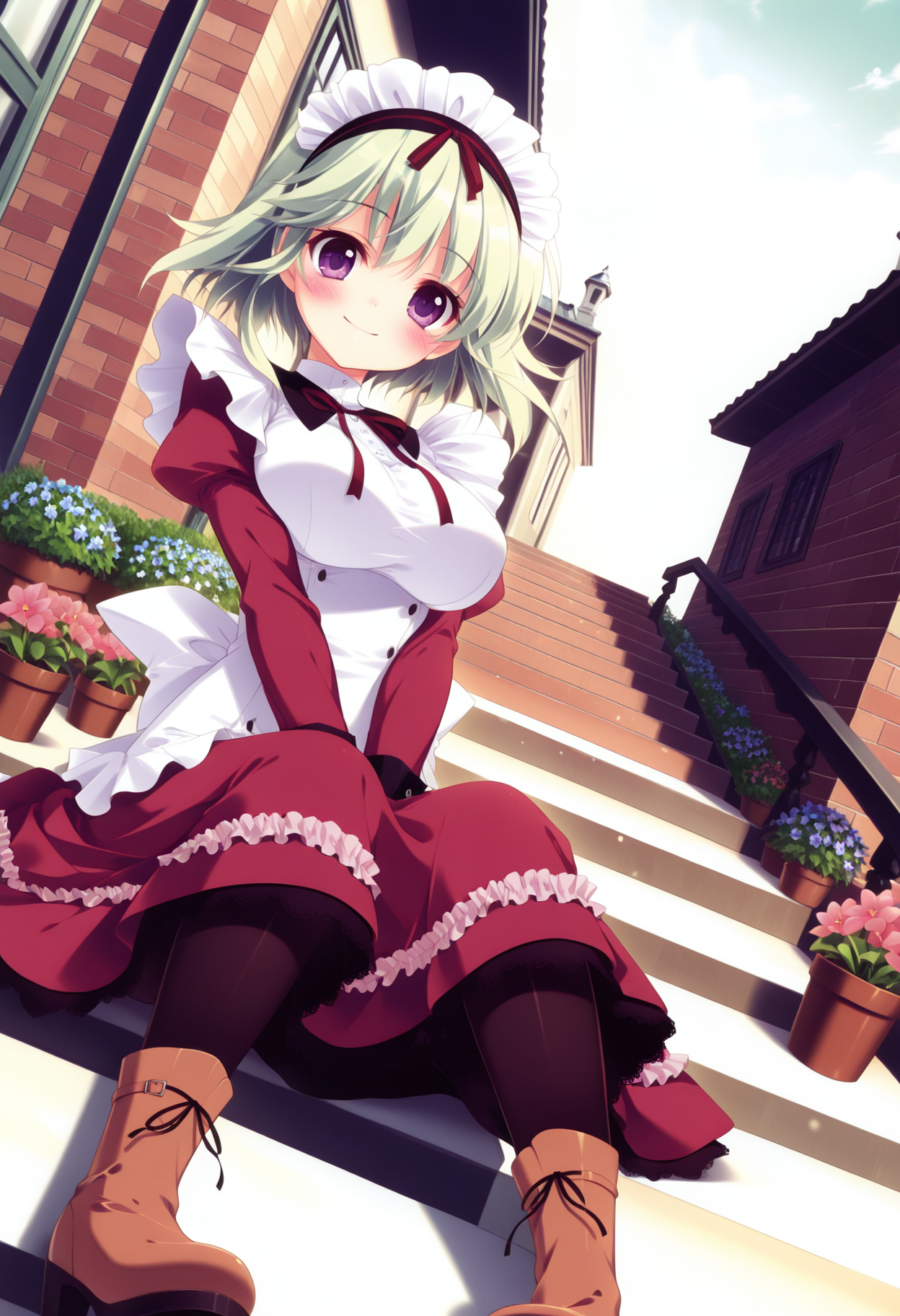 (best quality , masterpiece, good quality), very aesthetic, absurdres, general, sfw, 1girl, solo, msange, purple eyes, short hair, green hair, maid, long sleeves, long dress, large breasts, black pantyhose, boots, brown footwear, smile, blush, closed mouth, looking at viewer, dutch angle, v arms, arms between legs, sitting, pigeon-toed, flower bed, brick, day, stairs, sitting on stairs, <lora:ms-angelina_ilxl:1>,
