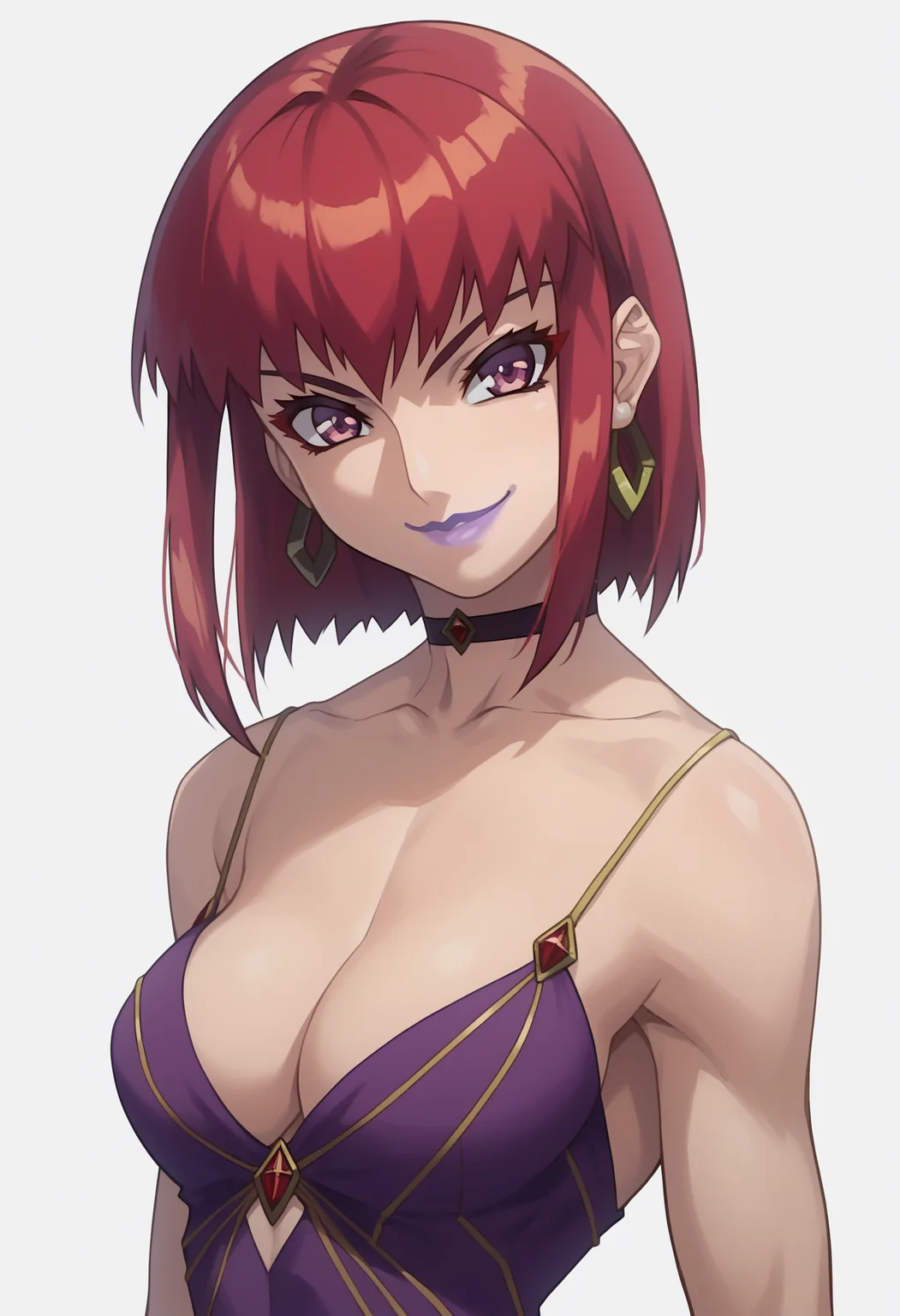 score_9, score_8_up, score_7_up, BREAK,
1girl, widowabp, red hair, short hair, purple eyes, purple lipstick,
earrings,
choker, cleavage, dress,
evil smile, solo, looking at viewer, simple background, white background <lora:WidowAngelBladePDXL_byKonan:1>