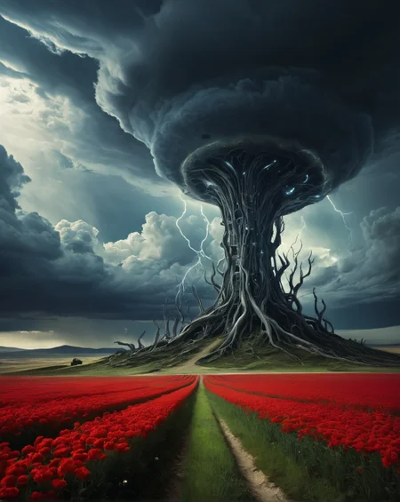 Surrealism, ultimate Surreal Art, ultimate strange art,cool full color, ultimate strange deformed object, ((ultimate strange detailed background)),ultimate strange landscape,the space is filled with strange incomprehensible surreal things, strange unreal surreal vision,
dreamlike, mysterious, provocative, symbolic, intricate, detailed, ultradetaled,8k,perfect, super detailed, award winning art,
fields,
picnics,clinical,fresh,alien encounter,pulsating,frightening,
thunderstorm, and slightly cloudy,,,
noon,
Xanti Schawinsky,
gradient,
scarlet,
<lora:add-detail-xl:0.7>,<lora:abysues:0.4>, expressive, dramatic, organic lines and forms, dreamlike, mysterious, Surrealism