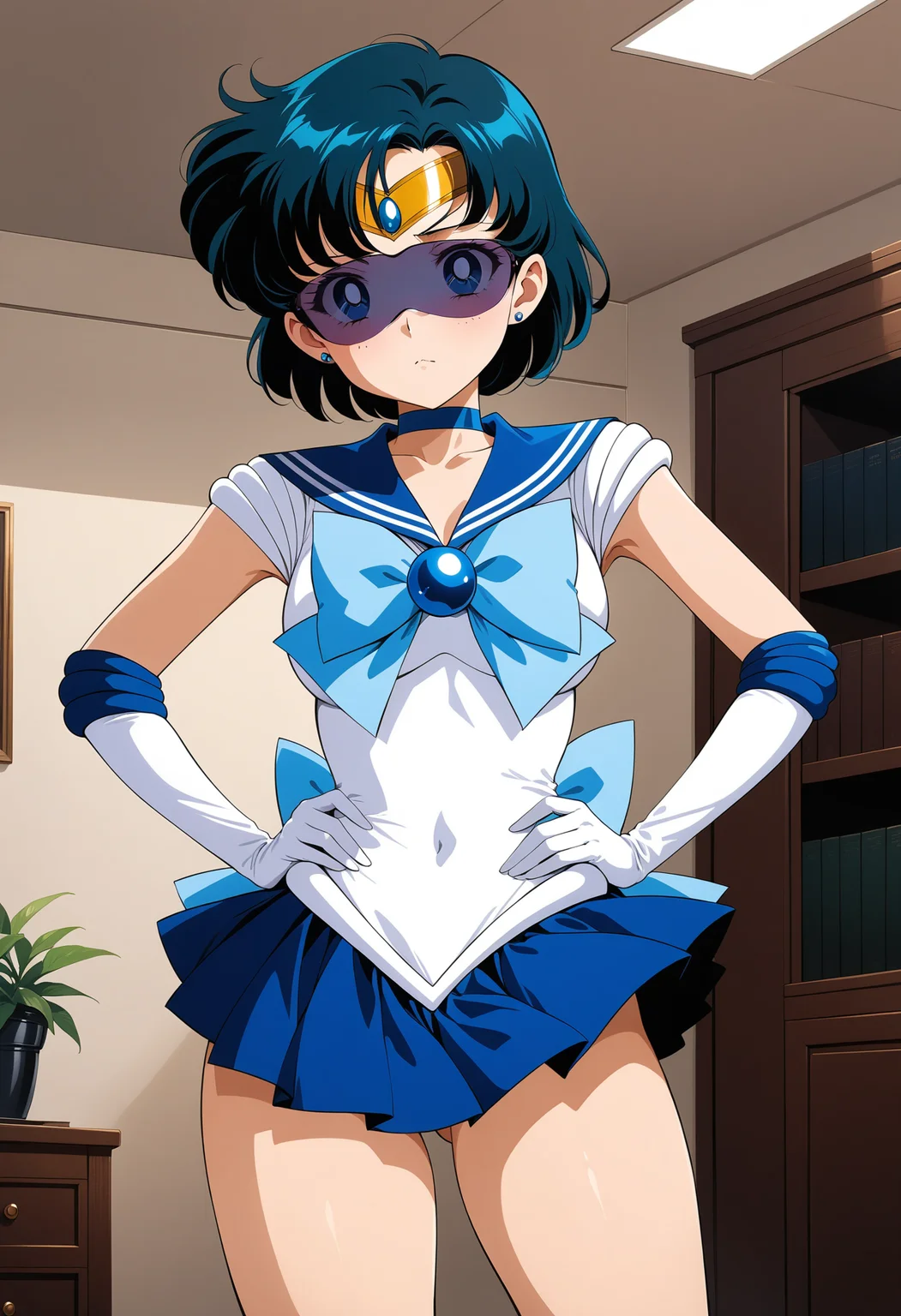 (masterpiece, best quality, very aesthetic, ultra detailed), intricate details, 4k, aamercury, short hair, blue hair, tiara, earrings, blue eyes, blue choker, blue sailor collar, blue bowtie, white shirt, elbow gloves, white gloves, pleated skirt, blue skirt, bare legs, <lora:sailor_mercury_animaginexl_v1:0.9>, indoors, hands on own hips, tinted eyewear,
