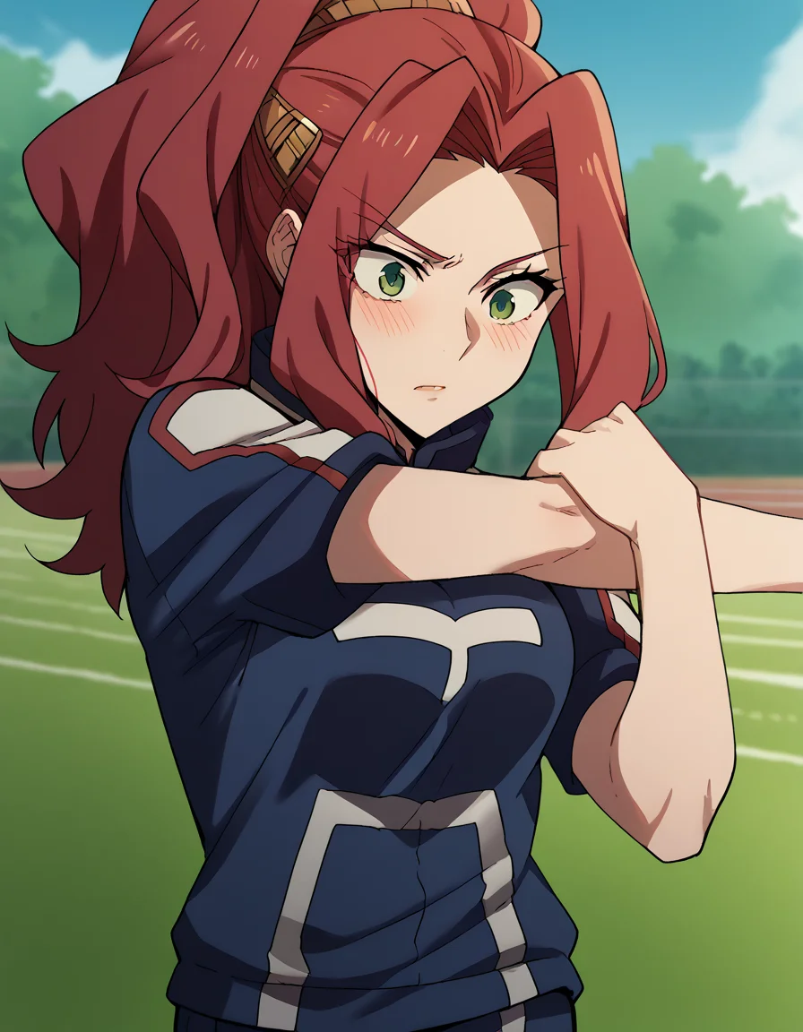 score_9, score_8_up, score_7_up, source_anime, <lora:malty-melromarc-s1s2s3-ponyxl-lora-nochekaiser:1>, malty melromarc, long hair, green eyes, red hair, parted bangs, ponytail, medium breasts,, <lora:ua-gym-uniform-ponyxl-lora-nochekaiser:1> ua gym uniform, u.a. gym uniform, blue track suit, blue pants, blue shirt, short sleeves,, blush, track and field, <lora:cross-body-stretch-ponyxl-lora-nochekaiser:1> cross-body stretch, stretching, arm across chest, exercising,, cowboy shot,