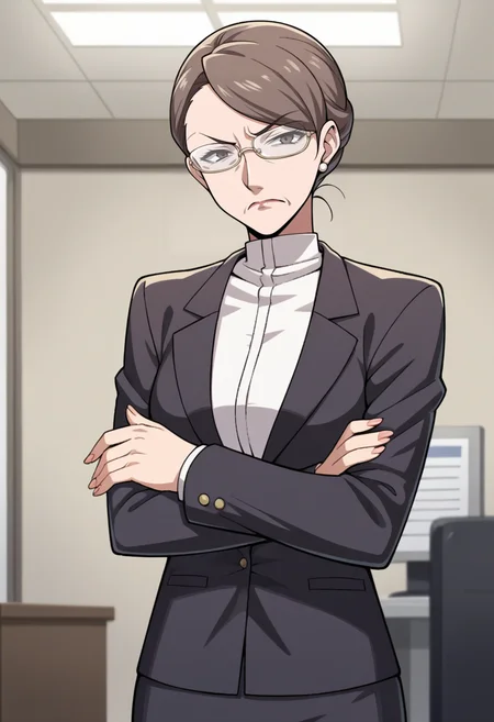 score_9, score_8_up, score_7_up, source_anime BREAK 1girl, solo, <lora:zs_KaburagiXL:1> kaburagip5s, short hair, hair bun, glasses, brown eyes, mature female, blazer, shirt, pencil skirt, black pantyhose, office, looking at viewer, exasperated, crossed arms