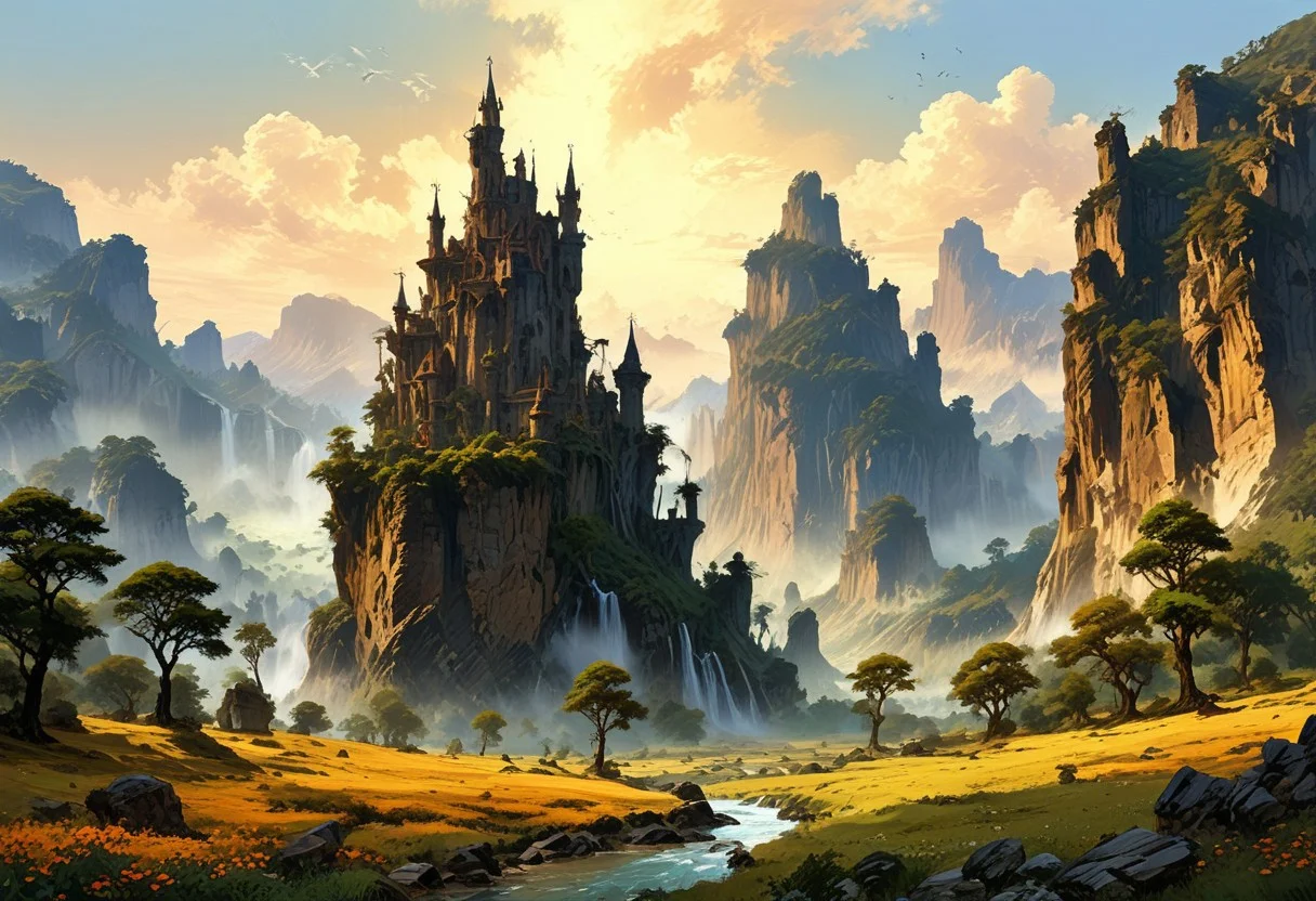 Spires of rock rise through thick cloud with small clumps of trees sat on the top. The spires tower over the scene and have little houses and meadows sitting within cracks in the rock. Waterfalls dot the spire's surface. This vertical landscape is teeming with birds and other wildlife. ((Highest quality:1.0),(High resolution:1.0), (masterpiece:1.0), (ground level view:0.6, viewer looking up:0.6), beautiful and aesthetic:1.3), extreme detailed, colorful, highest detailed,((ultra-detailed)),(highly detailed CG illustration), ((sunset, orange tones, forest, sun,)),,