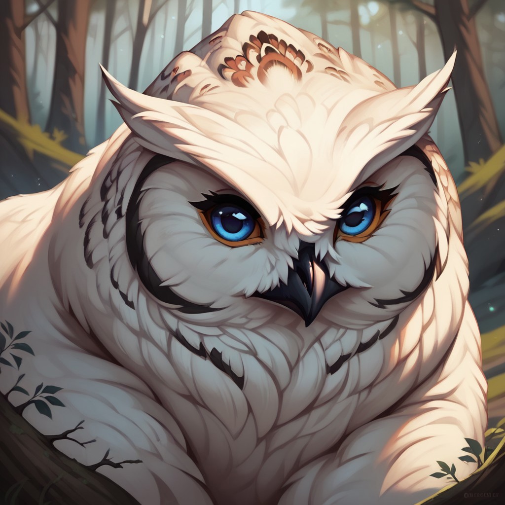 (((detailed, beautiful, high quality))), score_9, score_8_up, score_7_up, solo,
owlbear, feral, owl's head, bear's body,
1 girl, white fur, blue eyes,
looking at the viewer, posing,
fantasy background, blurred background, snow forest,