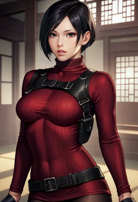 score_9, score_8_up, score_7_up, source_anime, realistic  BREAK 1girl, solo, <lora:adawong-re-richy-v1_pdxl:1> adasweater, black hair, short hair, black eyes, red sweater, turtleneck, harness, pantyhose, black gloves, belt, parted lips, looking at viewer, lips, east asian architecture, indoors, ribbed sweater