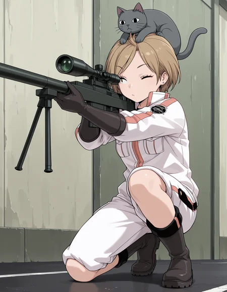 <lora:WorldTrigger_IzuhoNatsume_V1.2[IL]:1>, izuho natsume, standing, squad uniform, cat on head, holding sniper rifle, taking aim, crouch, on one knee, one eye closed, masterpiece,best quality, very aesthetic,absurdres,newest,