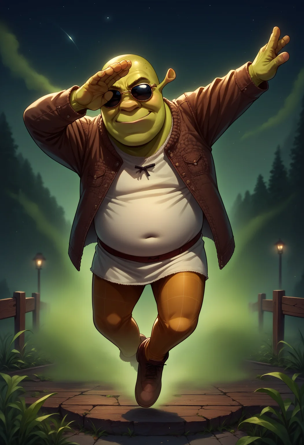 score_9, score_8_up,score_7_up, source_anime, solo, 
<lora:EPdab:0.8>, epdabbing, outstretched arm, covered face, closed eyes, standing on one leg, 
green skin, shrek, <lora:Shrek_XLPD:1>, sunglasses, smirk, leather jacket, night, outdoors, fog, horror \(theme\),
