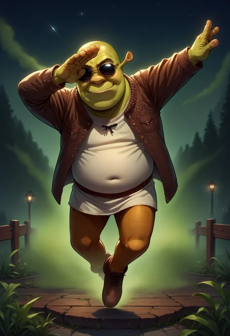 score_9, score_8_up,score_7_up, source_anime, solo,
<lora:EPdab:0.8>, epdabbing, outstretched arm, covered face, closed eyes, standing on one leg,
green skin, shrek, <lora:Shrek_XLPD:1>, sunglasses, smirk, leather jacket, night, outdoors, fog, horror \(theme\),