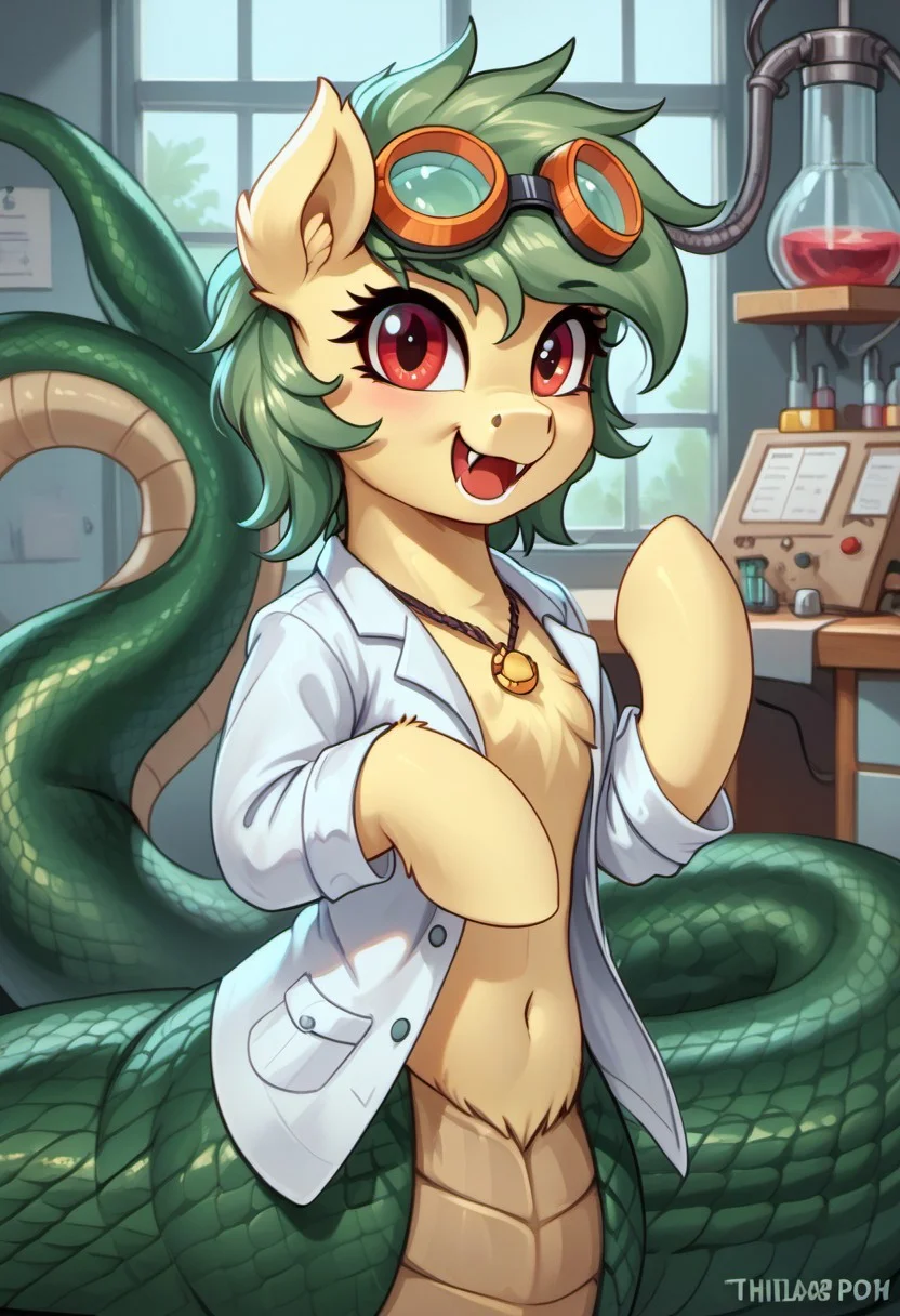 score_9, score_8_up, score_7_up,MegaFluffyPony, furry, fluffy, (1girl, ( shappythelamia, bright pastel yellow body, green hair, short hair ,pony, lamia, fangs,(red-eyed))),perfect proportions,feral,snake tail, detailed fluffy fur, perfect body, pony head, tail),
,5.5 extremely detailed), cute, very fuzzy, Copyright
friendship is magic hasbro my little pony
Character
General necklace BREAk: detailed (feral pony:1.3) wearing a lab coat and lab goggles inside a labatory
