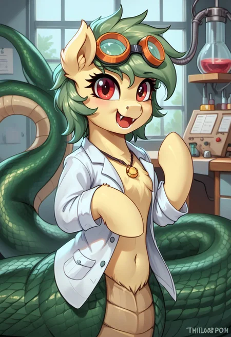 score_9, score_8_up, score_7_up,MegaFluffyPony, furry, fluffy, (1girl, ( shappythelamia, bright pastel yellow body, green hair, short hair ,pony, lamia, fangs,(red-eyed))),perfect proportions,feral,snake tail, detailed fluffy fur, perfect body, pony head, tail),
,5.5 extremely detailed), cute, very fuzzy, Copyright
friendship is magic hasbro my little pony
Character
General necklace BREAk: detailed (feral pony:1.3) wearing a lab coat and lab goggles inside a labatory