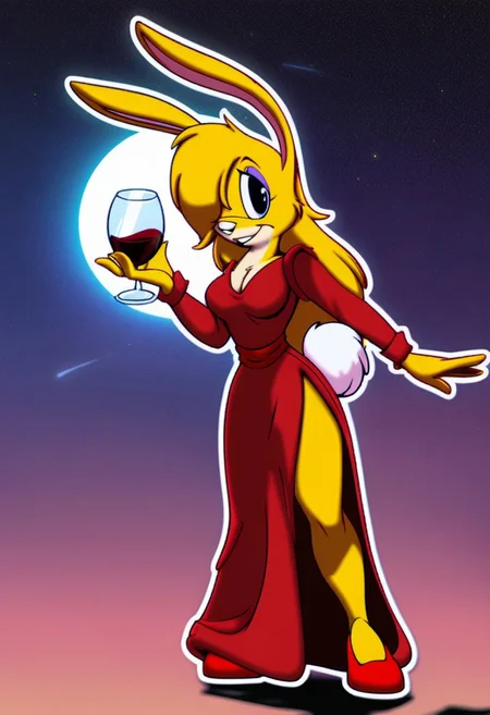 score_9, score_8_up, score_7_up, score_6_up, score_5_up, score_4_up, retro artstyle, BREAK
LoriJackRabbitPXL, rabbit girl,1girl, cup, dress, solo,yellow hair, drinking glass, animal ears, hair over one eye,rabbit tail, breasts, red dress, furry, furry female, side slit, wine glass, holding, smile, red footwear, holding cup, makeup, eyeshadow, star \(sky\), alcohol, wine, full body, outline, black eyes, medium breasts, white outline, animal nose, moon, long sleeves, cleavage, sky, full moon, looking at viewer, starry sky
<lora:lorijackrabbit-v1:0.9>