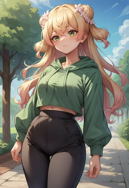score_9, score_8_up, score_7_up, source_anime, 1girl, solo, MomosuzuNene, long hair, double bun, hair flower, outdoors, park, green hoodie, high-waist pants, yoga pants, black pants, light blush, <lora:ChamMomosuzuNenePonyXL:1>