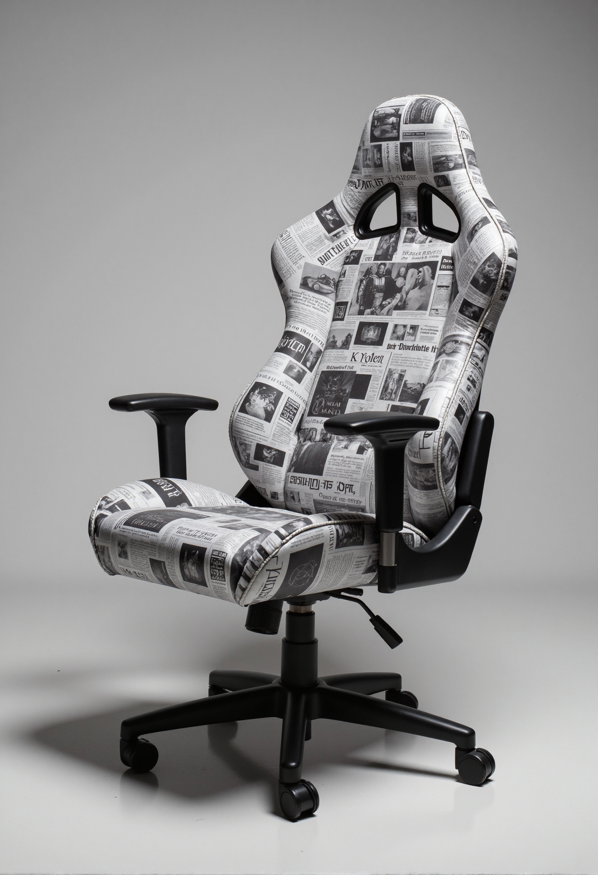 A gaming chair inspired by newspaper prints, featuring a sleek and modern design. The upholstery is entirely covered with black-and-white newspaper clippings, headlines, and articles arranged in a seamless collage. Bold headlines and vintage advertisements stand out prominently, adding a touch of retro charm. The armrests and base are minimalist, painted in matte black to accentuate the newspaper pattern. The overall aesthetic blends the tactile appeal of printed media with contemporary gaming comfort. The background is neutral gray, ensuring the chair's intricate details remain the focal point.