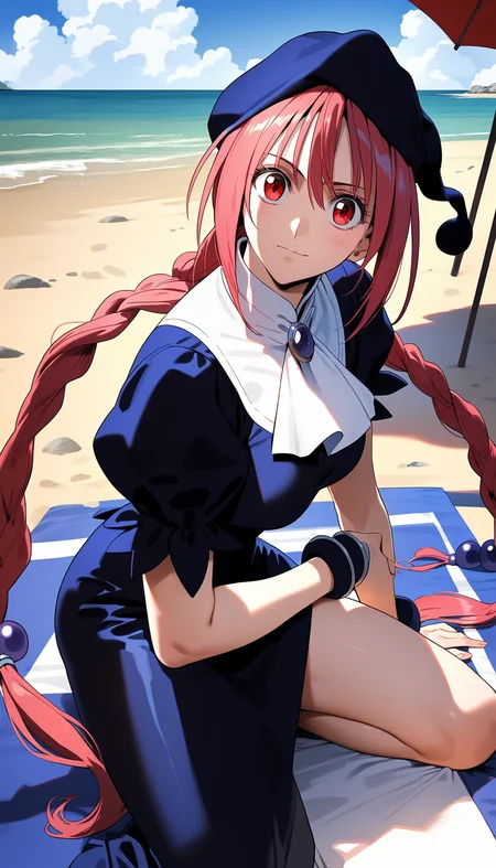 score_9,score_8_up,score_7_up,
<lora:dorothy:1>,doroshii,1girl,solo,
pale skin,red eyes,long pink hair,bangs,two braided pigtails,
black cap,black dress,white collar,mail coach tie,dark purple jewel on tie,
looking at viewer,furrowed brow,closed mouth,
beach, sun umbrella on the sandy shore, beach towel laid out on a sandy beach, soft clouds drifting, summer
facing viewer,
portrait,
