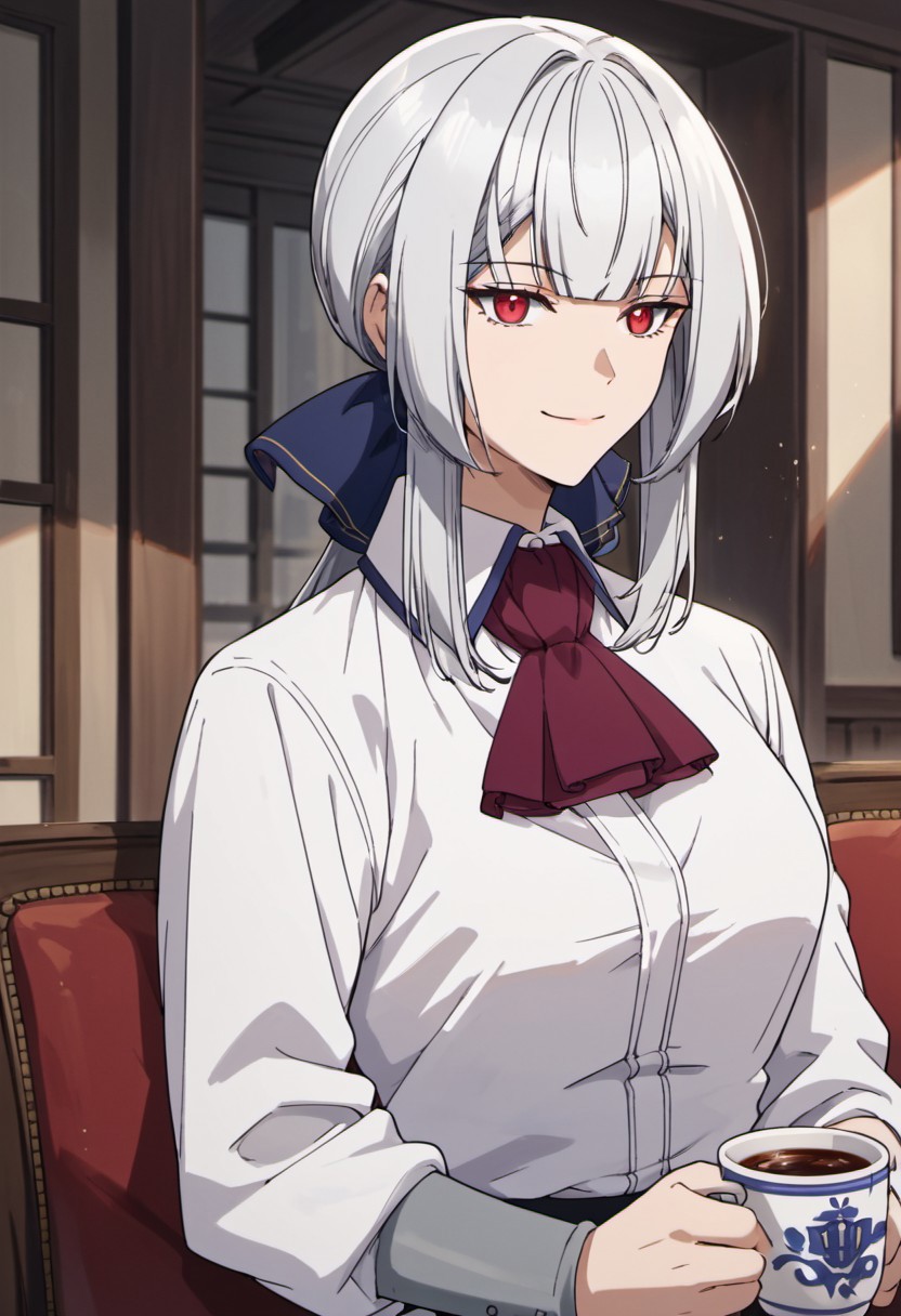 score_9, score_8_up, score_7_up, source_anime, christina, white hair, long hair, red eyes, 1girl, solo, smile, holding, grey hair, ascot, closed mouth, shirt, cup, white shirt, collared shirt, holding cup