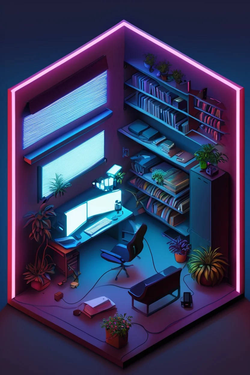 ((masterpiece, best quality)), high resolution, highly detailed, realistic, BREAK, IsometricNeon, indoors, gradient, book, gradient background, no humans, chair, plant, box, scenery, desk, lamp, controller, cable, computer, television, monitor, keyboard (computer), flower pot, mouse (computer), screen, platform, <lora:IsometricNeonXL:0.8>,