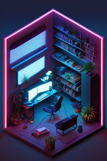 ((masterpiece, best quality)), high resolution, highly detailed, realistic, BREAK, IsometricNeon, indoors, gradient, book, gradient background, no humans, chair, plant, box, scenery, desk, lamp, controller, cable, computer, television, monitor, keyboard (computer), flower pot, mouse (computer), screen, platform, <lora:IsometricNeonXL:0.8>,