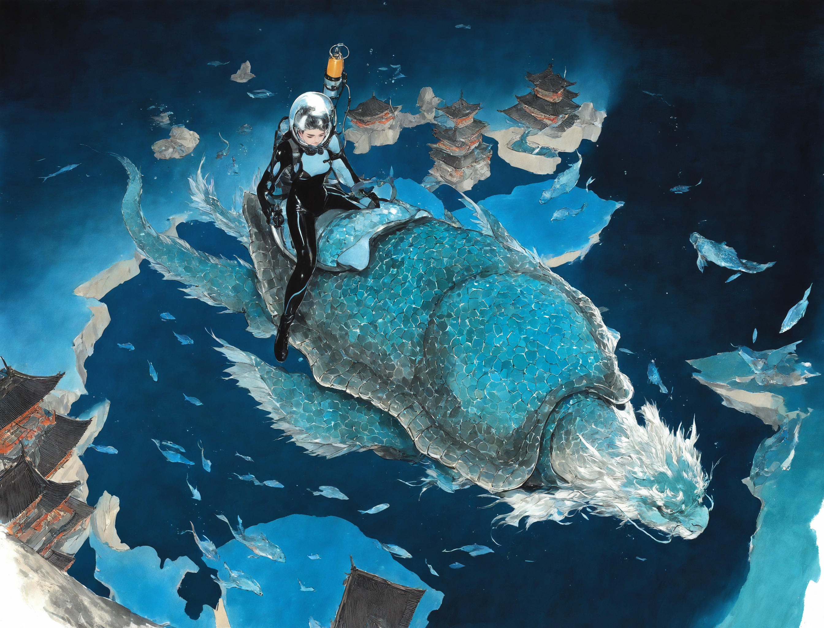 dark theme, head down, (looking down), perspective, fish swiming, from above, 
(underwater,  palace, east asian architecture),
solo, 1girl wearing diving suit, glass helmet, oxygen cylinder, riding on huge turtle,
chinese dragon|turtle,
traditional media, chinese ink style, color ink \(medium\), 
<lora:freehandink_NOOB1.0_V-PRED:1>
masterpiece, best quality, newest, absurdres, highres
