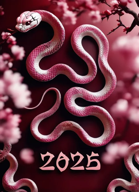 yearofthesnake, a snake in the shape of 2025, "2025" text, pink snake, (cherry blossoms, branch), animal focus, depth of field, (chinese zodiac symbol), detailed background, flowers
<lora:yearofthesnake:1>