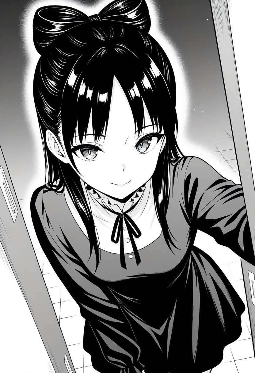(absurdres, best quality, masterpiece:1.4), amazing quality, highres, newest, detailed, detailed body, detailed face, beautiful, petite,  monochrome, greyscale,
BREAK
WWNemu, 1girl, solo, standing, smile, NemuMang, manga illustration, bow-shaped hair, parted bangs, half updo, dress, frill collar, neck ribbon